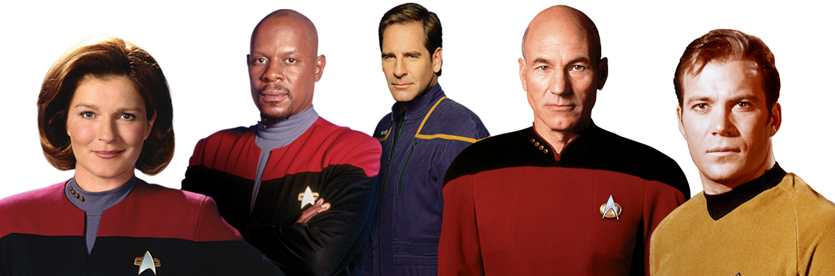 Star Trek captains from left to right: Janeway, Sisko, Archer, Picard and Kirk